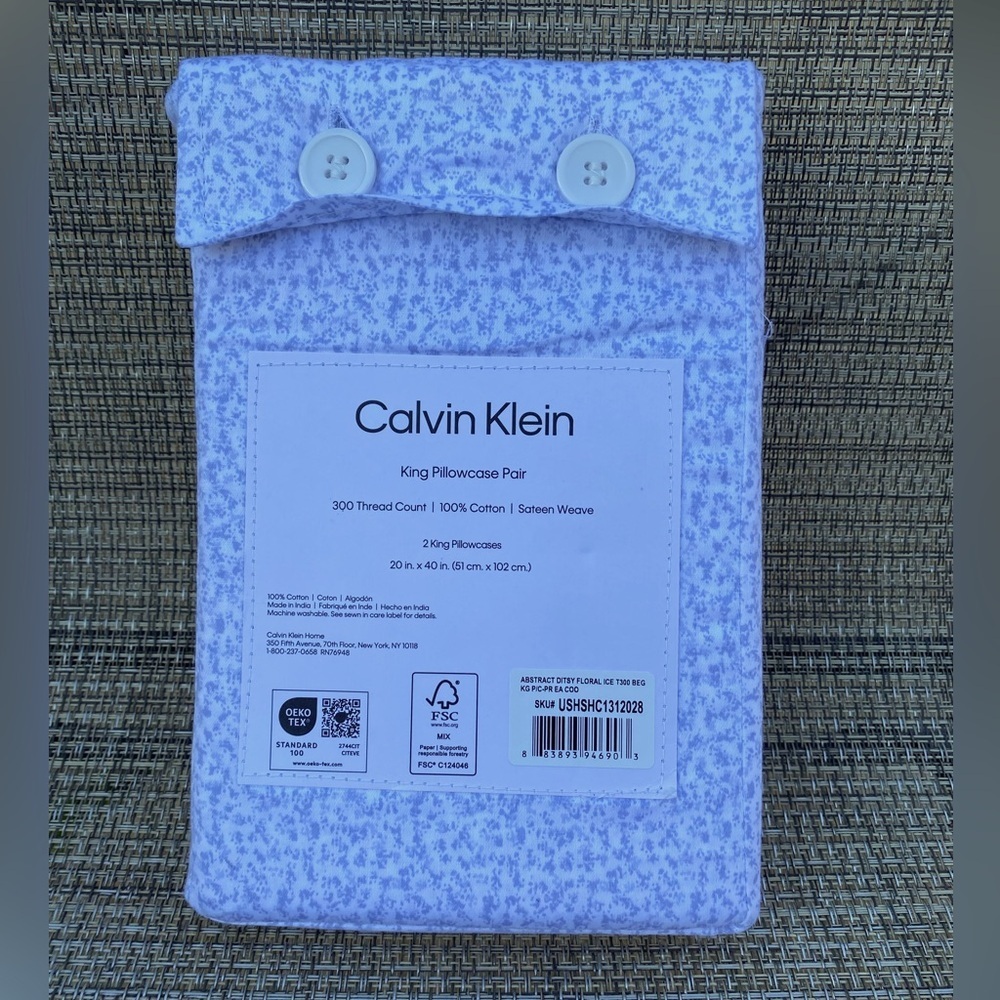 Calvin Klein Abstract Ditsy Floral Blue Cotton KING Pillowcase Set 2pc - Picture 4 of 7